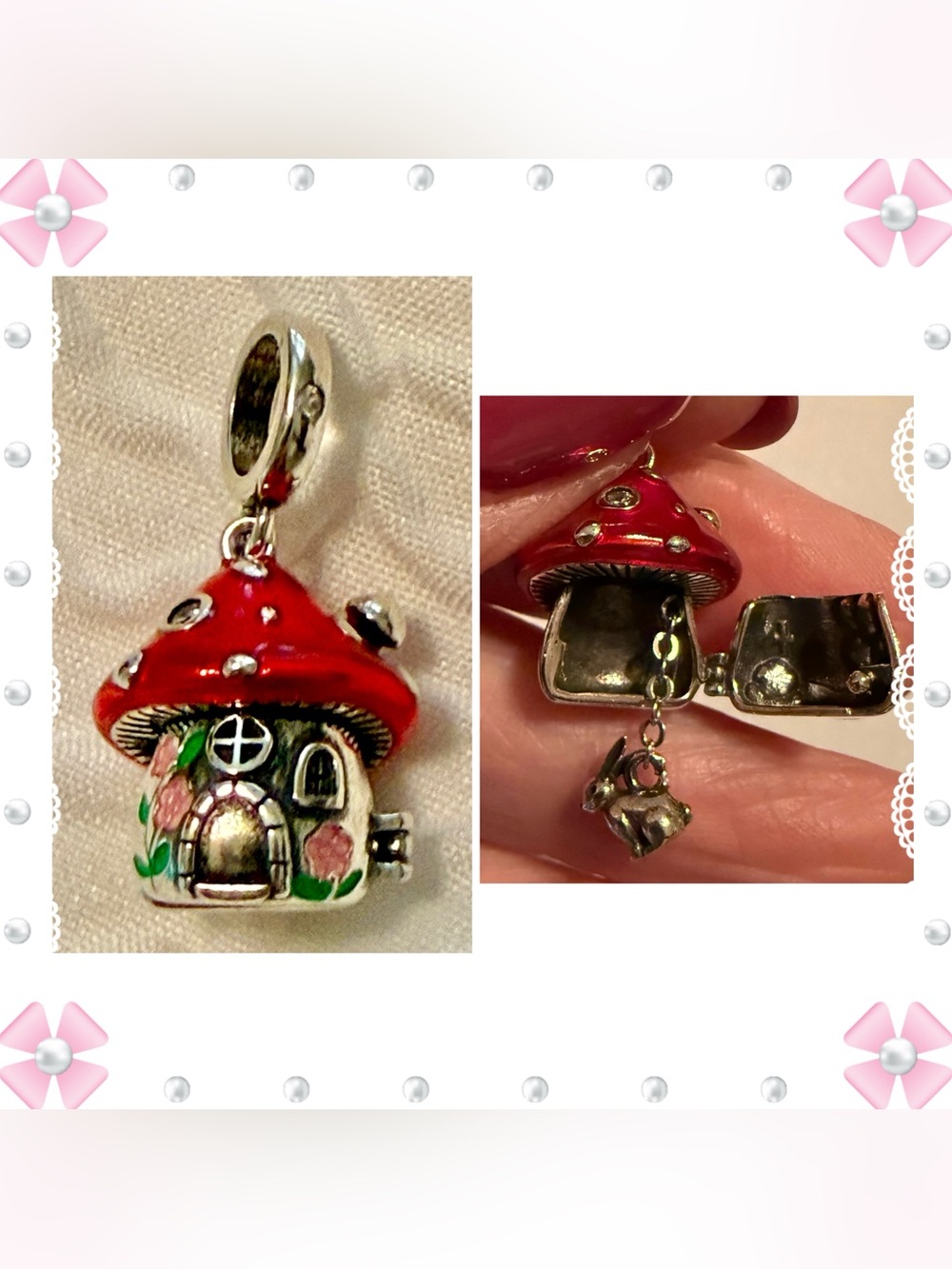 Charm / pendant - 1"h hinged mushroom & rabbit - red silver pink. New! No flaws